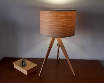 Table Lamp. White Oak Veneer Lampshade. Unique Wooden Handmade Desk Lamp. Tripod stand.