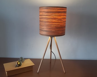 Wooden Table Lamp. Zebrano Lampshade. Tripod Desk Lamp.