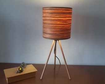 Wooden Table Lamp. Zebrano Lampshade. Tripod Desk Lamp.