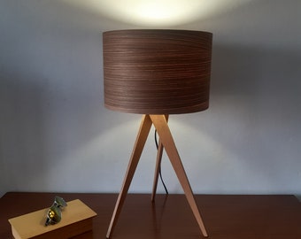 Table Lamp. Walnut Veneer Lampshade. Unique Wooden Handmade Desk Lamp. Tripod stand.