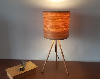 Wooden Tripod Lamp. Table Lamp. Oak Lampshade. Tripod Stand. Desk Lamp.