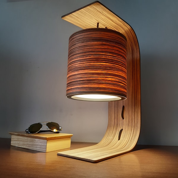C - Lamp. Curved Wood Table Lamp. Natural Zebrano Desk Lamp. Bedside Lamp. Unique Handmade Lamp.