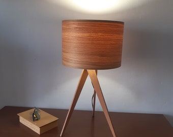 Table Lamp. Oak Veneer Lampshade. Unique Wooden Handmade Desk Lamp. Tripod stand.