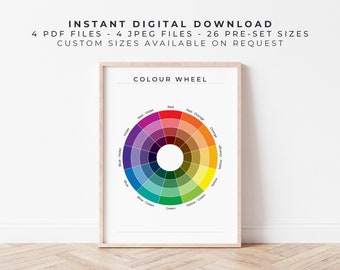 Op de afbeelding: Een ingelijste wandkunstprint met een cirkelvormig kleurenwiel met segmenten gelabeld Red, Red-Orange, Orange, Yellow-Orange, Yellow, Yellow-Green, Green, Blue-Green, Blue, Blue-Violet, Violet en Red-Violet. Tekst: INSTANT DIGITAL DOWNLOAD.