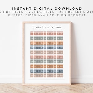 Counting to 100 | Earthy on White | Digital Printable Educational Maths Print, Poster for Learning to Count in Hundreds at Home or School