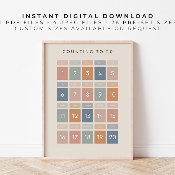 Counting to 20 | Earthy on Sand | Digital Printable Educational Maths Print, Poster for Learning to Count at Home, Preschool or School