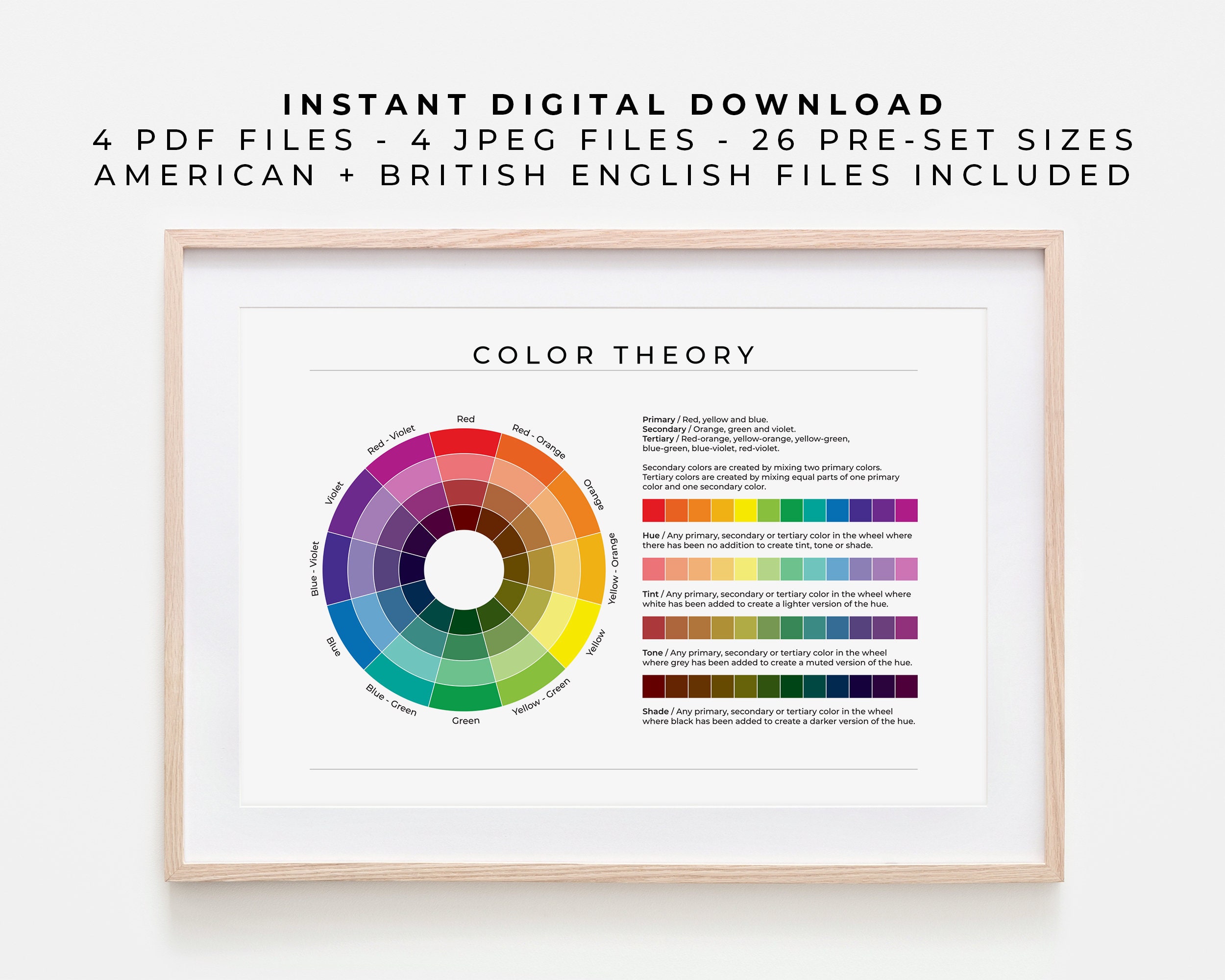 Color Wheel on White American English Digital Printable Educational Poster  Color Theory Wheel for Children at Home, Kindy or School 