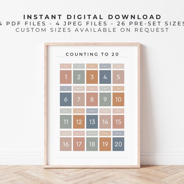 Counting to 20 | Earthy on White | Digital Printable Educational Maths Print, Poster for Learning to Count at Home, Preschool or School