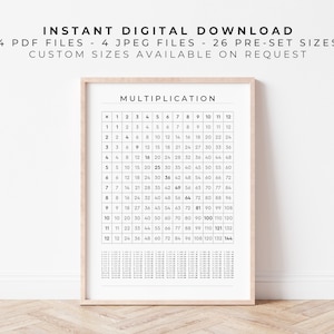 Multiplicación 1-12 Cuadrícula / Negro sobre blanco / Tablas de tiempos digitales Cartel de arte de pared / Gráfico de matemáticas imprimible de matemáticas educativas Montessori