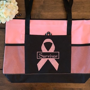 Personalized Breast cancer awareness tote with pink ribbon