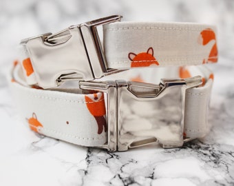 White and Orange Fox Dog Collar, Adjustable w/ Silver Buckle, Fall Fox Theme Dog Collar, Cute Dog Collar, Autumn Dog Collar | Bushy Tails