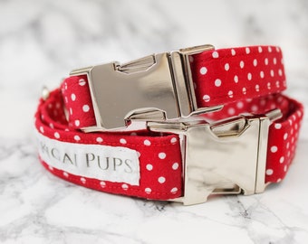 Red Polka Dot Dog Collar Adjustable w/ Silver Buckle, Cute Red & White Spotted Dog Collar, Summer Dog Collar Winter Collar | Seeing Spots