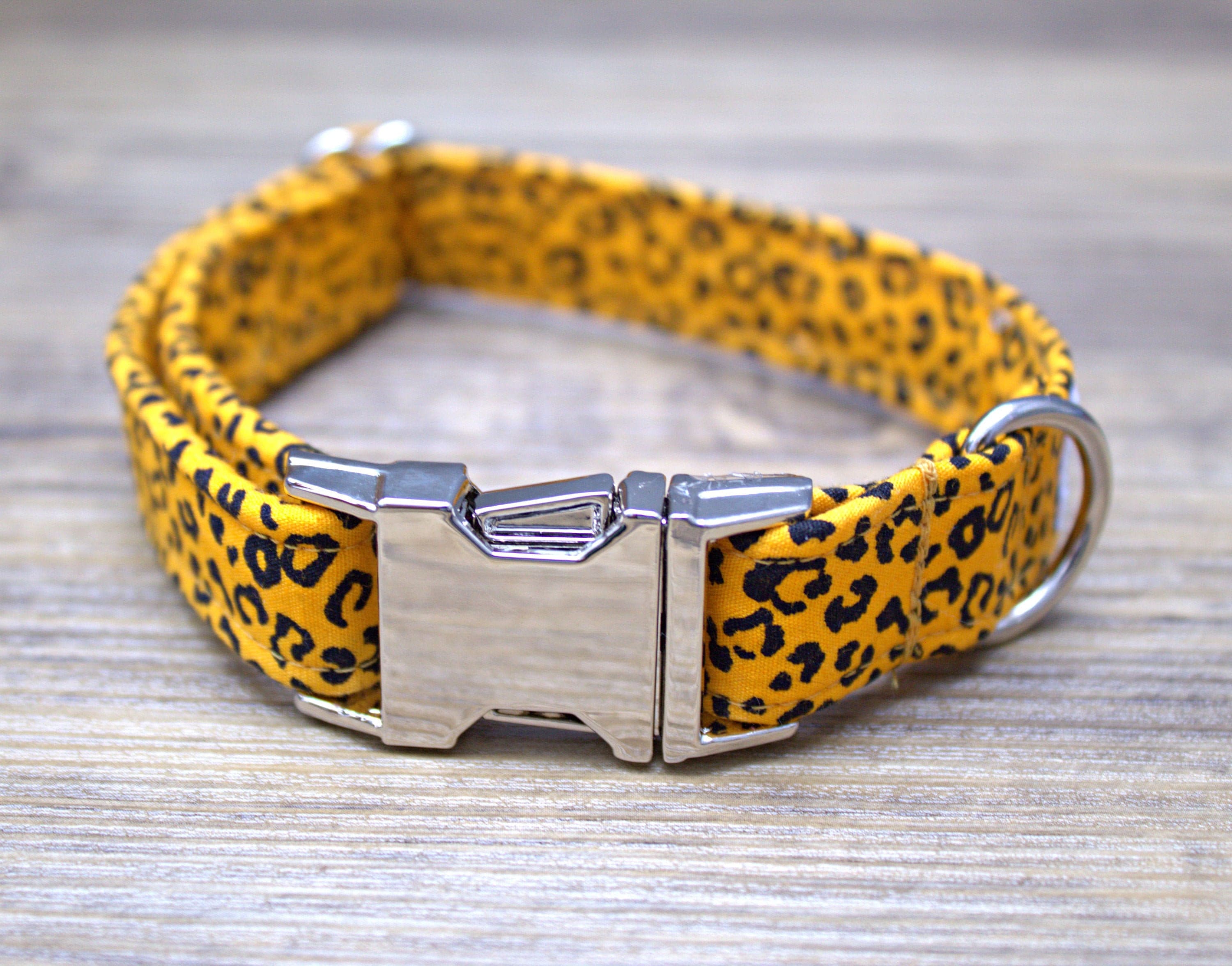 Yellow Leopard Print Dog Collar Adjustable W/ Silver Metal Etsy UK