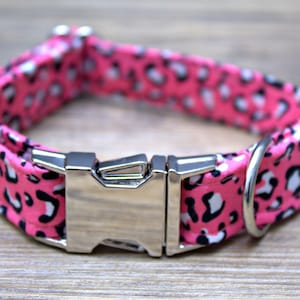 Pink Leopard Print Dog Collar, Adjustable w/ Silver Buckle, Pink Dog Collar, Animal Print Dog Collar, Pink and Black Dog Collar | Think Pink