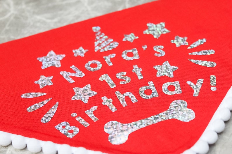 May include: Red dog bandana with white trim and silver glitter lettering that says "Nora's 1st Birthday!" with a bone and stars.