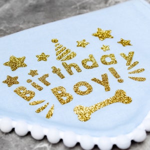 May include: Light blue fabric bib with a white scalloped edge. The bib has a gold glitter design that says "Birthday Boy!" with stars and a party hat.