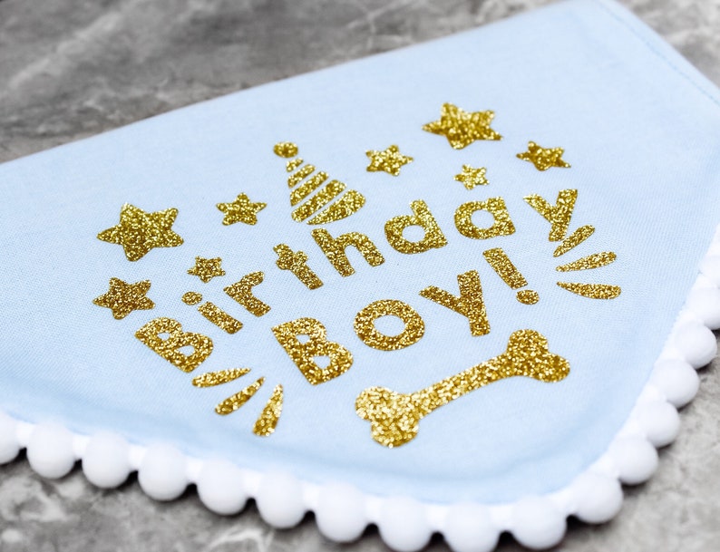 May include: Light blue fabric bib with a white scalloped edge. The bib has a gold glitter design that says "Birthday Boy!" with stars and a party hat.