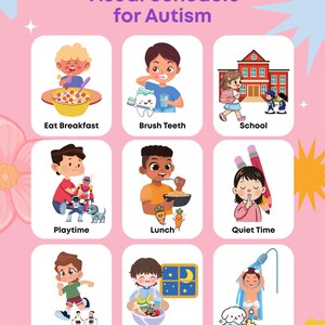 Puede incluir: Un horario visual rosa para el autismo con ilustraciones de actividades diarias. El horario incluye imágenes para el desayuno, cepillarse los dientes, la escuela, el tiempo de juego, el almuerzo, el tiempo tranquilo, el tiempo de actividad y la cena. El texto dice "Have Fun Every Day".
