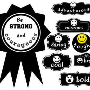 Può includere: Adesivi stampabili in bianco e nero con frasi motivazionali e faccine sorridenti. Gli adesivi includono parole come "forte", "coraggioso", "avventuroso", "valoroso", "audace", "duro", "cool", "coraggioso" e "audace".