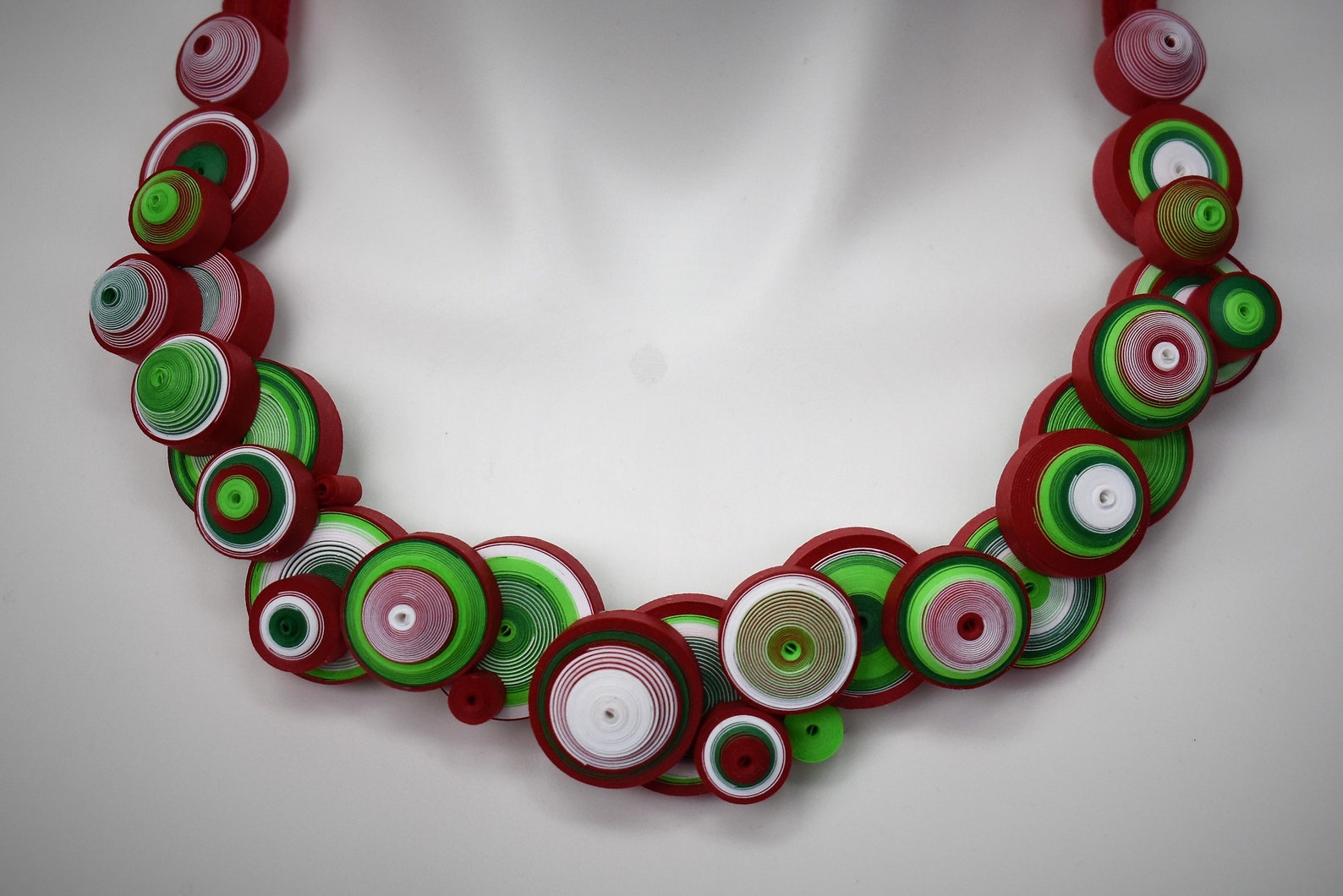 Quilling Necklace in bright red green and white. Christmas Etsy