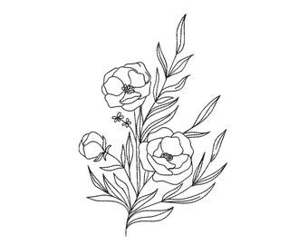 Diseño de bordado de máquina de arte de línea de flores, archivo de bordado floral