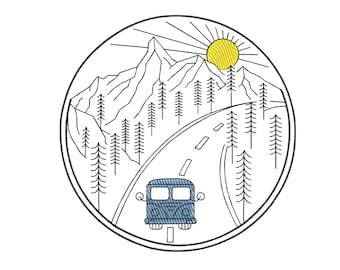 Camping Maschine Stickdatei , Berg Reise Stickdatei, Happy Camper Stickdatei