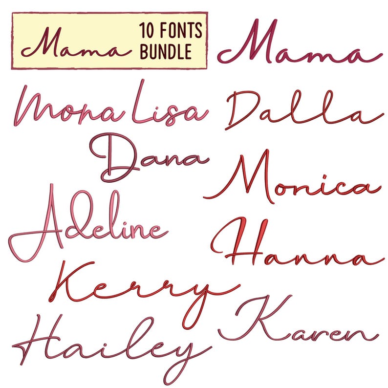 K&ouml;nnte beinhalten: Ein digitaler Download von 10 verschiedenen Schriftarten, jede mit einem einzigartigen handgeschriebenen Stil. Die Schriftarten werden in Rosa und Rot angezeigt und buchstabieren die Namen "Mama", "Mona Lisa", "Dalla", "Dana", "Monica", "Adeline", "Hanna", "Kerry", "Hailey" und "Karen".