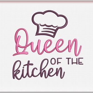 May include: Pink and purple embroidery design with a chef's hat and the text "Queen of the Kitchen".