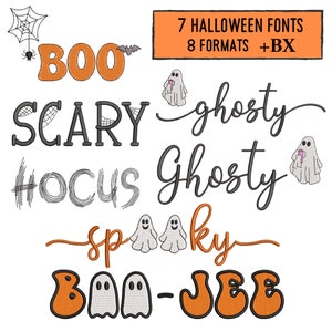 7 Halloween script embroidery font bundle , Machine embroidery designs , BX Retro trendy ghost embroidery font bundle