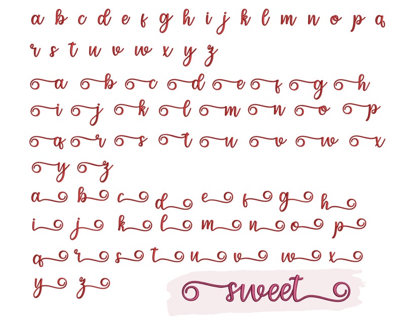 K&ouml;nnte beinhalten: Ein rotes handgeschriebenes Alphabet in einer kursiven Schriftart. Die Buchstaben werden in Klein- und Gro&szlig;buchstaben angezeigt. Das Wort "sweet" ist in einer kursiven Schriftart mit roter Umrandung und rosa F&uuml;llung geschrieben.