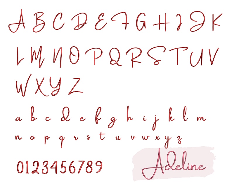 K&ouml;nnte beinhalten: Ein rotes handgeschriebenes Alphabet mit Gro&szlig;- und Kleinbuchstaben, Zahlen von 0 bis 9 und dem Wort "Adeline" in einer pinkfarbenen und roten handgeschriebenen Schrift.