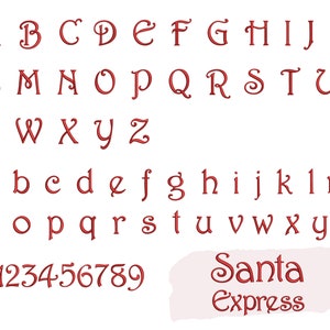 May include: Red cursive font alphabet with numbers 0-9 and the words "Santa Express".