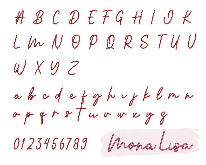 K&ouml;nnte beinhalten: Ein handgeschriebenes Alphabet in Rot mit Gro&szlig;- und Kleinbuchstaben, Zahlen von 0 bis 9 und dem Text "Mona Lisa" in einer pinkfarbenen und roten handgeschriebenen Schrift.