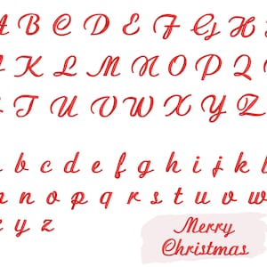 May include: Red cursive alphabet letters in uppercase and lowercase. The letters are outlined in black and have a 3D effect. The text "Merry Christmas" is written in red cursive at the bottom of the image.