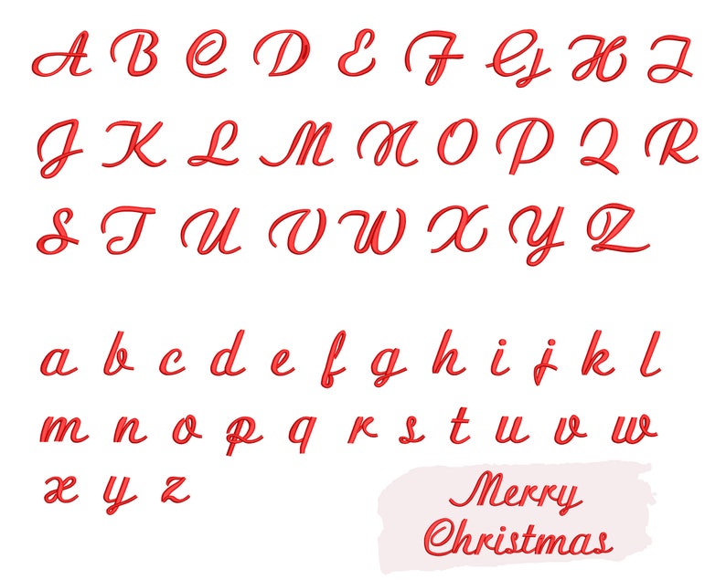 May include: Red cursive alphabet letters in uppercase and lowercase. The letters are outlined in black and have a 3D effect. The text "Merry Christmas" is written in red cursive at the bottom of the image.