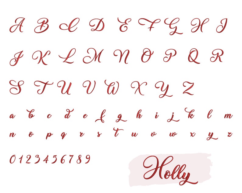 May include: Red cursive font alphabet with uppercase and lowercase letters, numbers 0-9, and the word "Holly" in cursive.