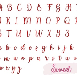 K&ouml;nnte beinhalten: Ein rotes kursives Alphabet mit Gro&szlig;- und Kleinbuchstaben. Das Wort "Sweet" ist in rosa Kursivschrift am unteren Rand des Bildes geschrieben.