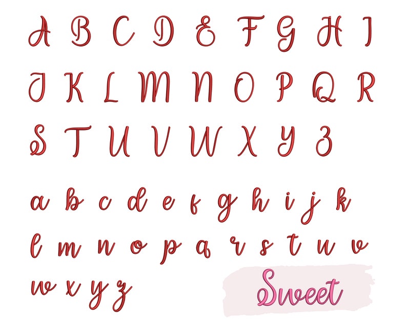 K&ouml;nnte beinhalten: Ein rotes kursives Alphabet mit Gro&szlig;- und Kleinbuchstaben. Das Wort "Sweet" ist in rosa Kursivschrift am unteren Rand des Bildes geschrieben.