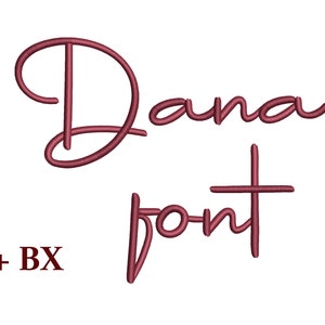 Puede incluir: Un diseño de fuente cursiva con la palabra "Dana font" en color burdeos.