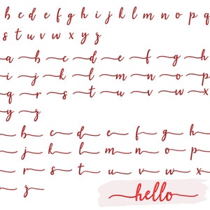 K&ouml;nnte beinhalten: Ein handgeschriebenes Alphabet in roter Tinte auf wei&szlig;em Hintergrund. Die Buchstaben sind in kursiver Schrift geschrieben. Das Wort "hello" ist in roter Kursivschrift am unteren Rand des Bildes geschrieben.