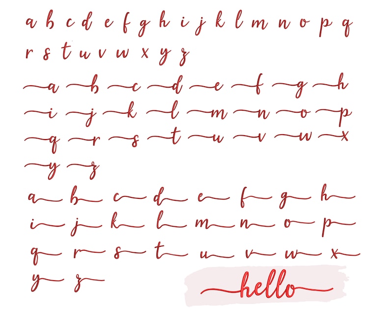 K&ouml;nnte beinhalten: Ein handgeschriebenes Alphabet in roter Tinte auf wei&szlig;em Hintergrund. Die Buchstaben sind in kursiver Schrift geschrieben. Das Wort "hello" ist in roter Kursivschrift am unteren Rand des Bildes geschrieben.