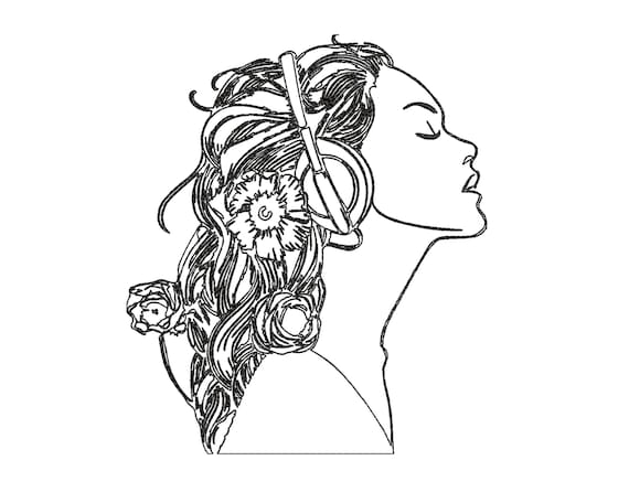 【CPGN STUDIO】Minimal face Art Line Embroidery Short Sleeve Woman in Headphones Embroidery Design , One Line Art Machine