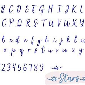 May include: A blue handwritten alphabet with uppercase and lowercase letters, numbers 0-9, and the word "Stars" with two stars on either side. The background is a light pink watercolor wash.