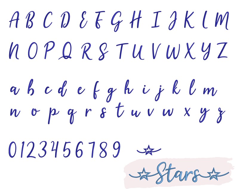 May include: A blue handwritten alphabet with uppercase and lowercase letters, numbers 0-9, and the word "Stars" with two stars on either side. The background is a light pink watercolor wash.