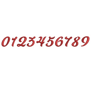 May include: A set of red, cursive numbers from 0 to 9. The numbers are stylised and have a 3D effect.