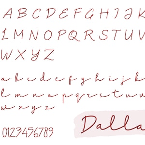 K&ouml;nnte beinhalten: Ein handgeschriebenes Alphabet in Rot mit Gro&szlig;- und Kleinbuchstaben, Zahlen von 0 bis 9 und dem Wort "Dalla" in roter Kursivschrift.