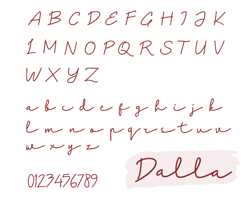 K&ouml;nnte beinhalten: Ein handgeschriebenes Alphabet in Rot mit Gro&szlig;- und Kleinbuchstaben, Zahlen von 0 bis 9 und dem Wort "Dalla" in roter Kursivschrift.