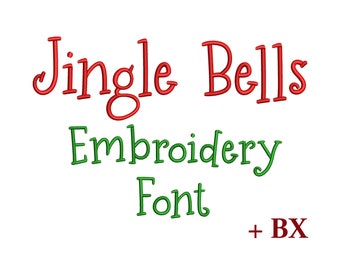 May include: Jingle Bells Embroidery Font in red and green lettering. The font is available for purchase with a +BX logo.