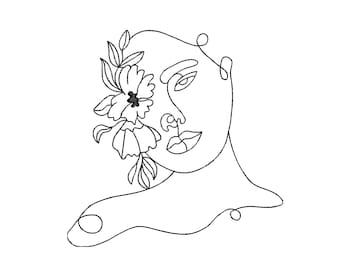 Woman with flowers Machine embroidery design , Female Line art embroidery design