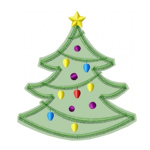 May include: A green Christmas tree with a yellow star on top and colorful ornaments hanging from the branches.